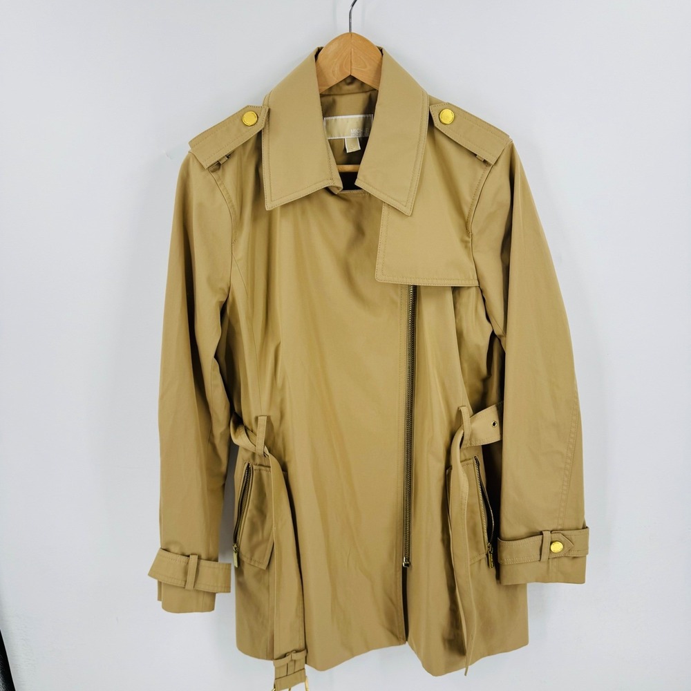 Michael Michael Kors Womens Tan Asymmetrical Zip Trench Coat Gold Hardware L - Picture 6 of 6